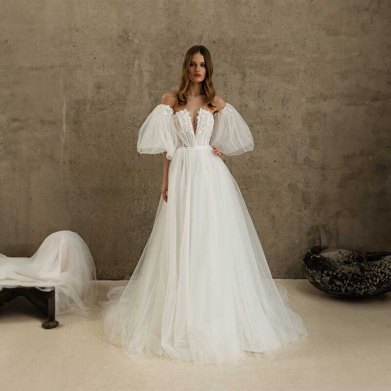 Modest Boat Collat Tulle Applique Wedding Dress for Bride A-line Side Split Court Wedding Gown with Removable Puff Sleeve
