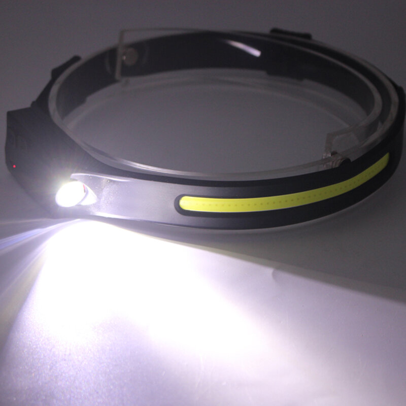 Farol LED Recarregável USB, 4 Modos, Bateria Embutida, Visão Completa, COB, Lanterna de Indução, Luz de Trabalho