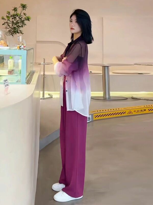 캐주얼 긴팔 자외선 차단 셔츠 및 바지 투피스 세트 여성용, 패션 정장, 2023 봄 여름 신상품
