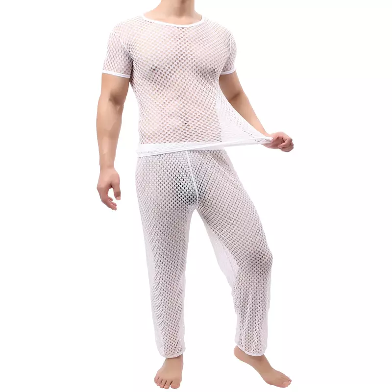 Men Sexy Mesh See Through Short Sleeve Tops Bottoms Undershirts Set Transparent Sweatshirt Fishnet T Shrits Long Pants Sleepwear