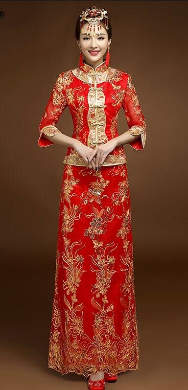Robe de Mariée Alberoise Rouge de Haute Qualité, Cheongsam, Or, Slim, Traditionnel, pour ix, pour Femme