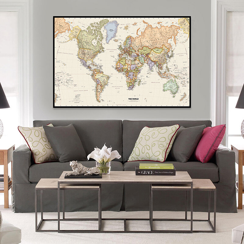 Rozmiar A2 mapa świata projekcja Mercator szczegółowa mapa głównych miasta w każdym kraju winylowe malowanie natryskowe dekoracja ścienna sypialni mapa