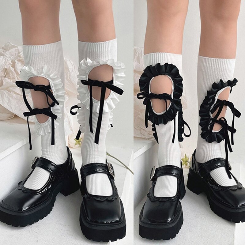Японские женские носки в рубчик в стиле Харадзюку, Лолита, с открытыми отверстиями, с рюшами, в стиле пэчворк, на шнуровке с