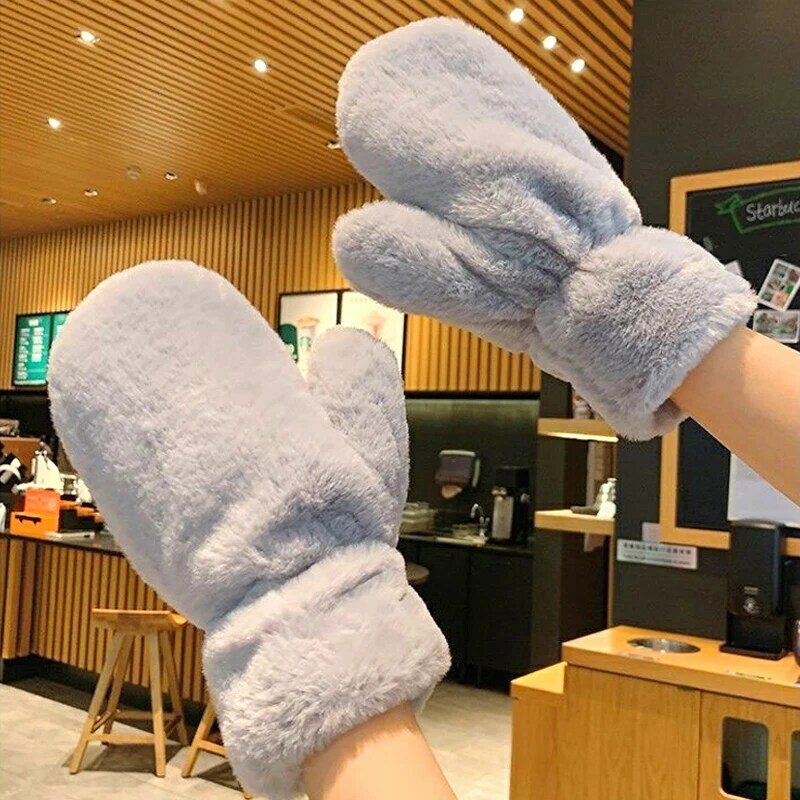 1 Pair Thicken Plush Gloves Women Winter Warm Thicken Full Finger Faux Fur Gloves Outdoor Mittens Hand Warmer Christmas Gifts