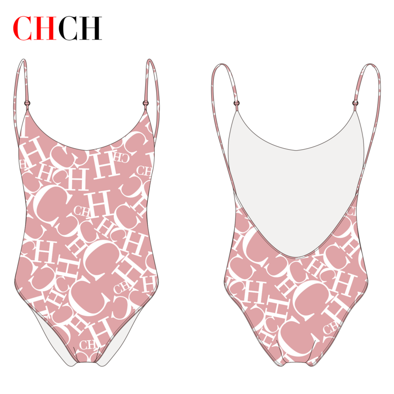 Swimwear triângulo rosa letra CH feminino, maiô de uma peça
