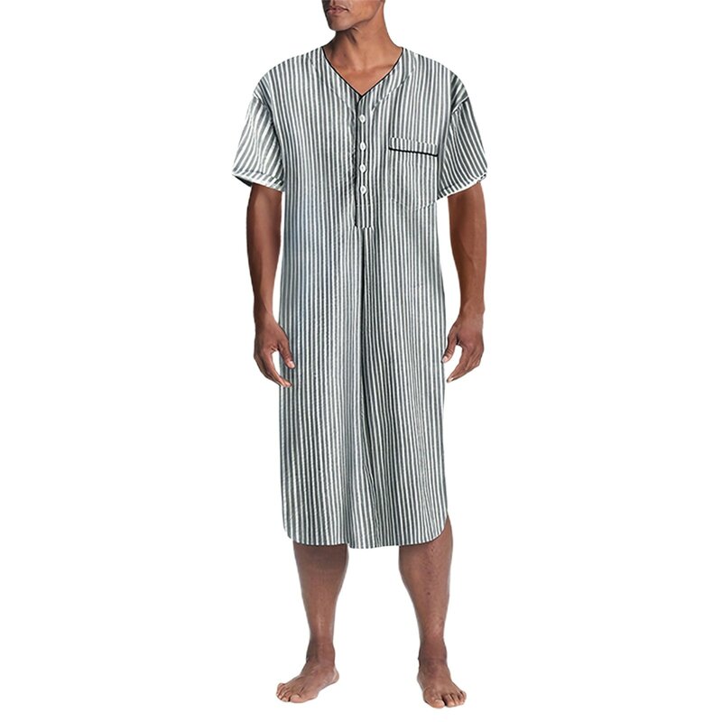 Batas de dormir a rayas para hombre, ropa de algodón de manga corta con cuello en V, cómoda bata de baño masculina, ropa de ocio para el hogar, 2024