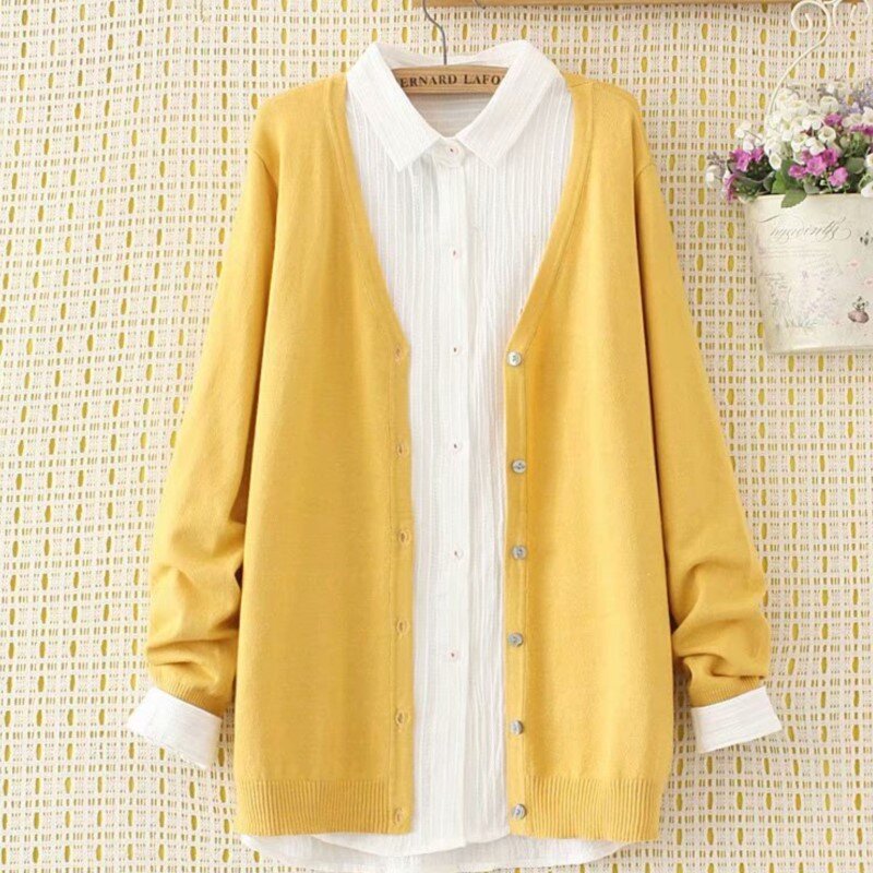 Plus Size Jumper Autumn Long Sleeve V-Neck Sweater WOMEN Mercerized Cotton Knitted Cardigan Spring Brief Solid Color Knitwear
