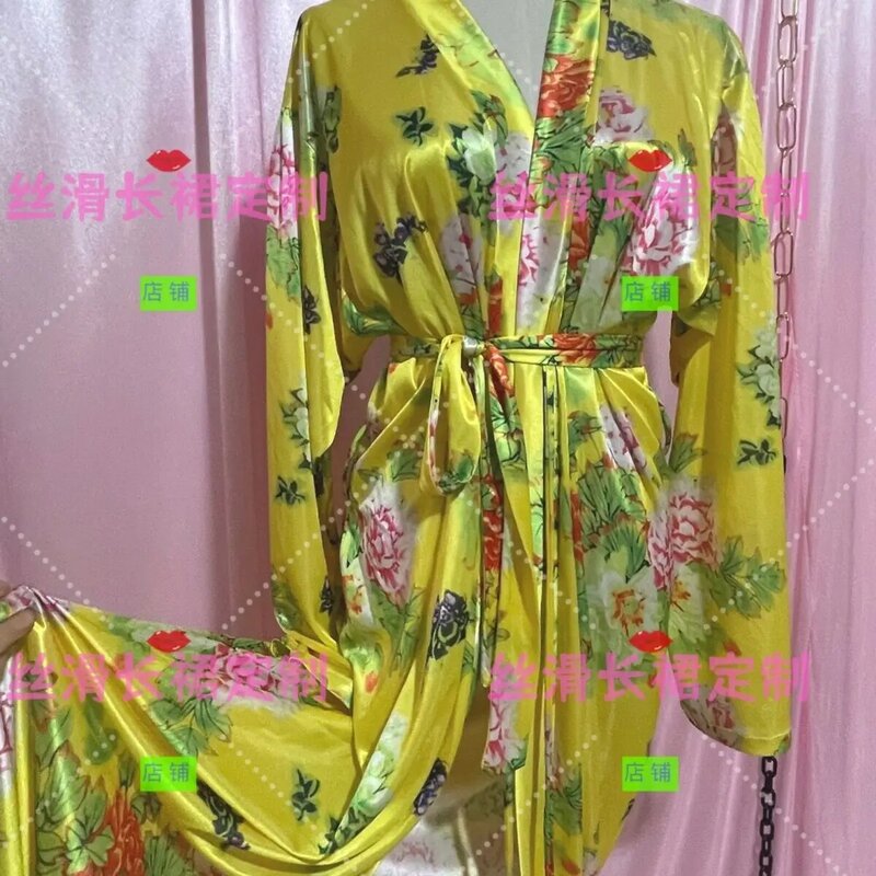 Vestido maxi feminino de cetim manga comprida solto com renda, cardigã lustroso, plus size, robe de dormir, outono, primavera
