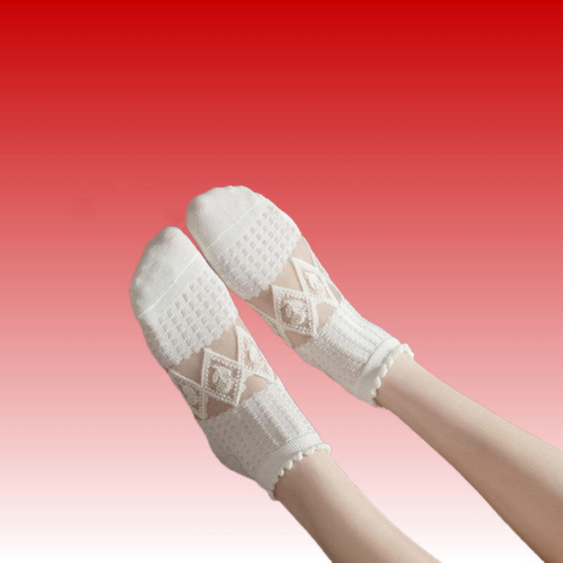 2024ใหม่ถุงเท้าถุงเท้าข้อต่ำสีขาวโปร่งใสสั้นของผู้หญิง5คู่/ล็อตชุดถุงเท้าเย็นข้อเท้าแฟชั่นน่ารักพิมพ์ลาย