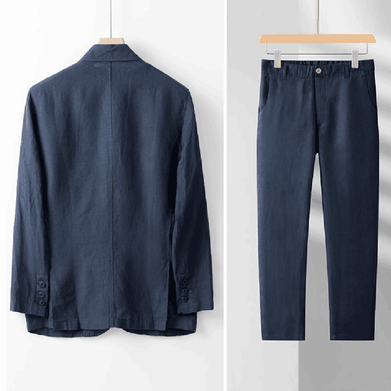 Костюм мужской летний из 2 предметов, Тонкий льняной пиджак с отложным воротником с вырезом, приталенный силуэт, повседневный шикарный пиджак и брюки для путешествий, 2023