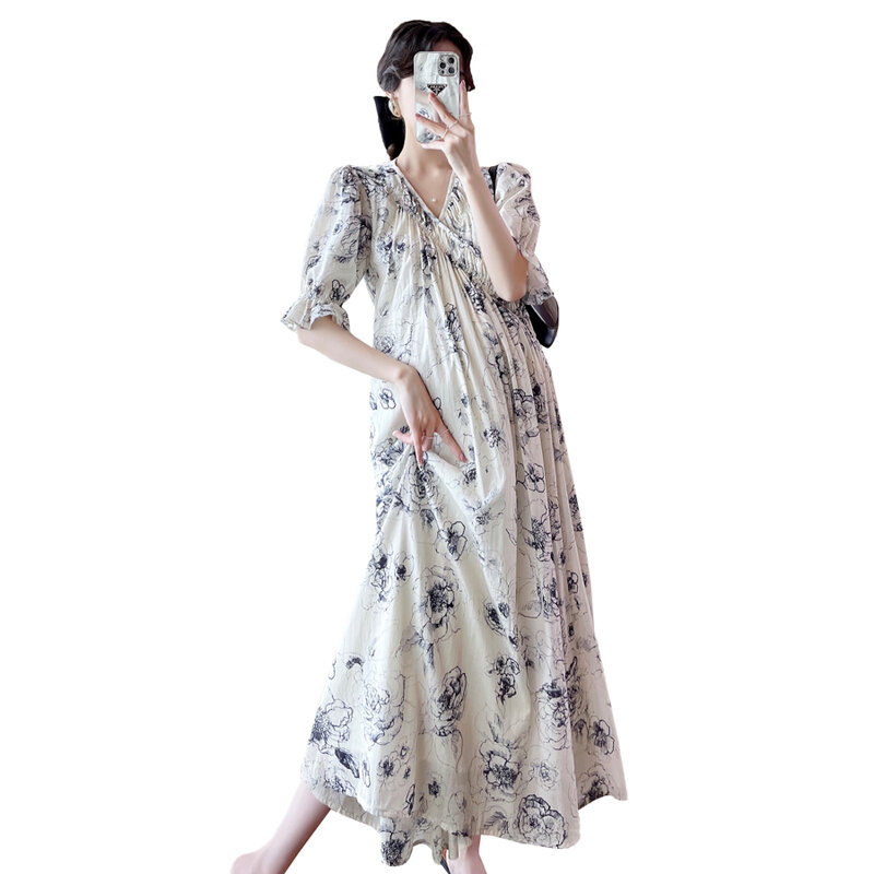 Robe Longue Brodée en Mousseline de Soie pour Femme Enceinte, Tenue de Style Français, Grande Taille, pour Allaitement, Été