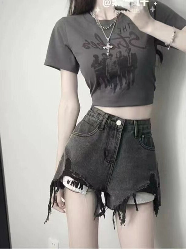 QWEEK amerykański Retro Grunge Streetwear seksowne jeansowe szorty damskie 2024 wiosna lato moda dżinsy kobiet