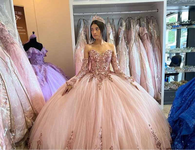 Różowe złoto Quinceanera sukienki suknia balowa ukochana tiul aplikacje błyszczące słodkie 16 sukienek 15 Años meksykańskie