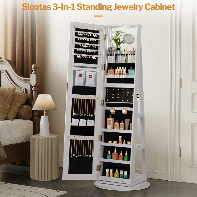 SICOTAS Mirror Jewelry Cabinet Standing - Jewelry Mirror Organizer Full Length Mirror with Storage, Rotating