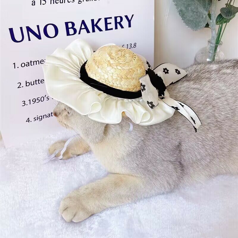 Sombrero de paja de encaje para mascotas, accesorios para la cabeza para gatos y perros, dulce y lindo, novedad de 2023