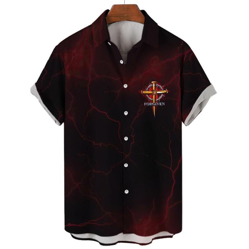 남성용 예수 십자가 프린트 하와이안 셔츠, 오버사이즈 하이 퀄리티, 남성 의류, 2024 트렌드 탑, 3D 패션