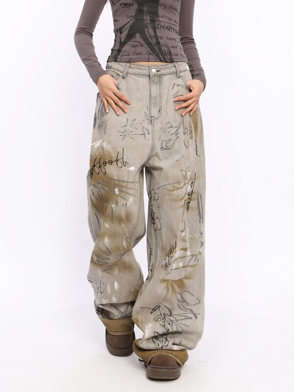 ADAgirl-Jeans de cintura alta feminino, folgado vintage, graffiti velho, perna larga, calça jeans reta, streetwear casual, calças Y2K