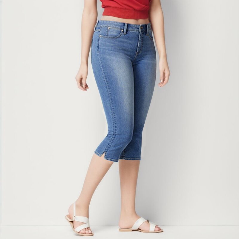 Jeans Stretch Denim de bezerro feminino, calças de cintura alta, finas, comprimento, mulheres
