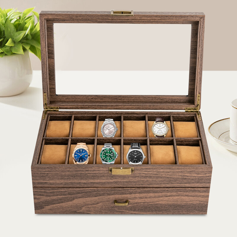 Caja de reloj de 24 ranuras, organizador de soporte de reloj marrón de mesa, caja de exhibición de joyería bloqueable, almacenamiento para tiendas domésticas
