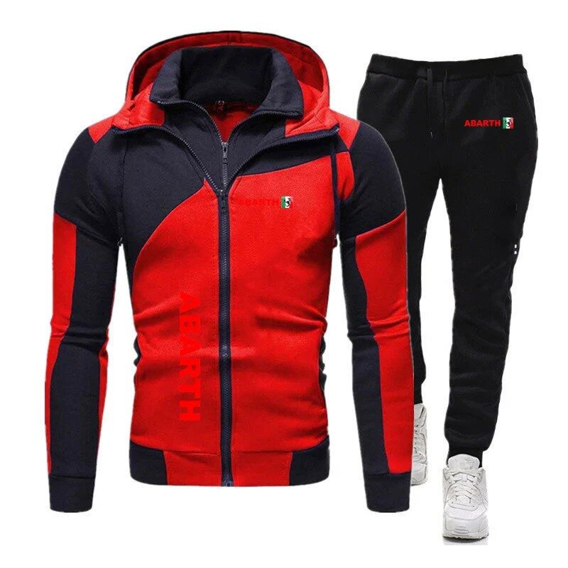 Men Abarth Spring and Autumn Color Matching Hooded Zipper Hoodie Tracksuit +Pants Sportswear New Diagonal Zipper Two-piece Suits