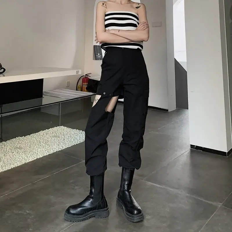 Damskie spodnie Cargo w stylu Streetwear czarne 2022 jesień koreański styl patchworkowe kieszenie kobiet luźna moda wysoki stan szarawary kobiet