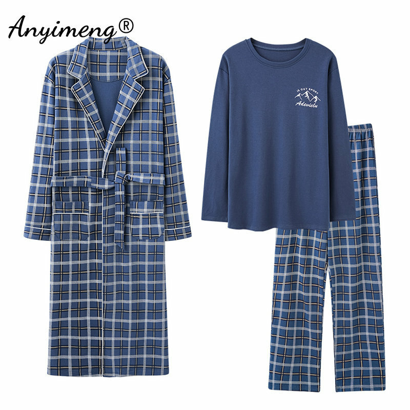 Pijama e Robe xadrez de manga comprida masculino, pijamas de algodão macio, traje caseiro de lazer, vestido plus size, 4XL, outono, inverno, 3 peças