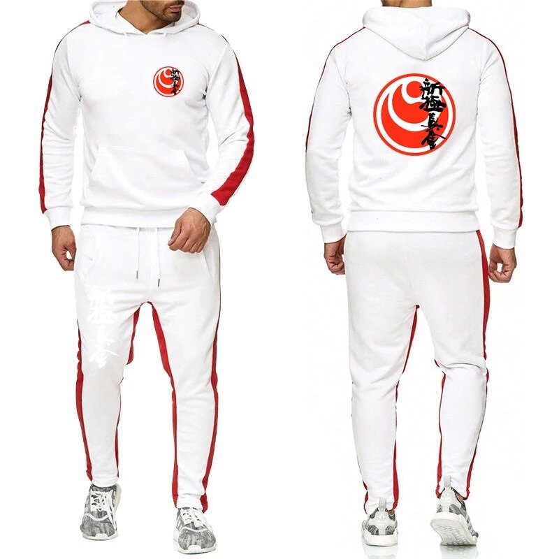 Kyokushin Karate moda masculina impressão de duas peças com capuz Pullover Hoodie e calças, ternos esportivos monocromáticos, confortáveis
