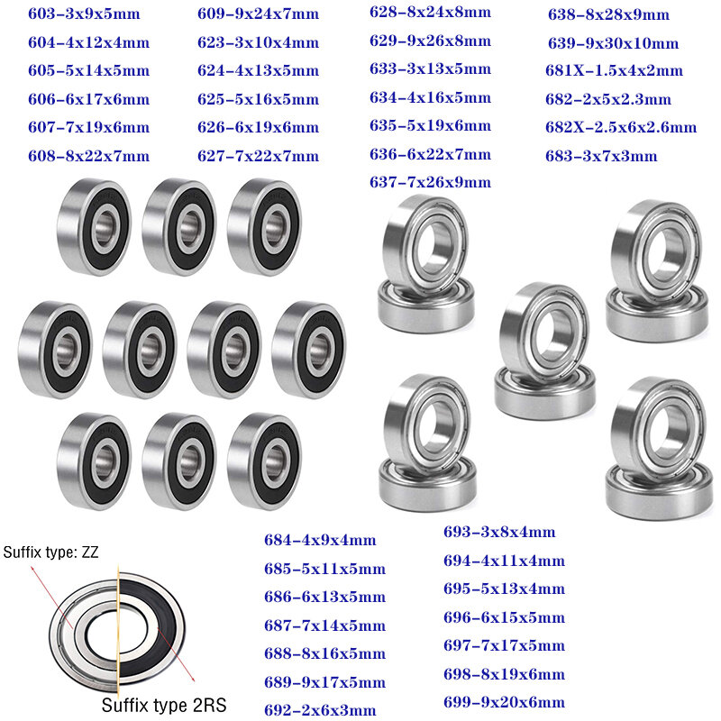10Pcs/lot 603-699 Miniature Deep Groove Ball Bearing 604 605 606 608 623 624 626 628 686 687 688 692 697 696 ZZ 2RS 2Z Bearings