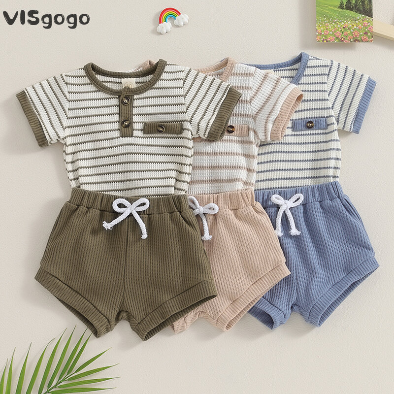 VISgogo 신생아 여름 의상, 라운드 넥 반팔 줄무늬 단추 롬퍼 탄성 허리 반바지, 와플 니트 세트 2 개