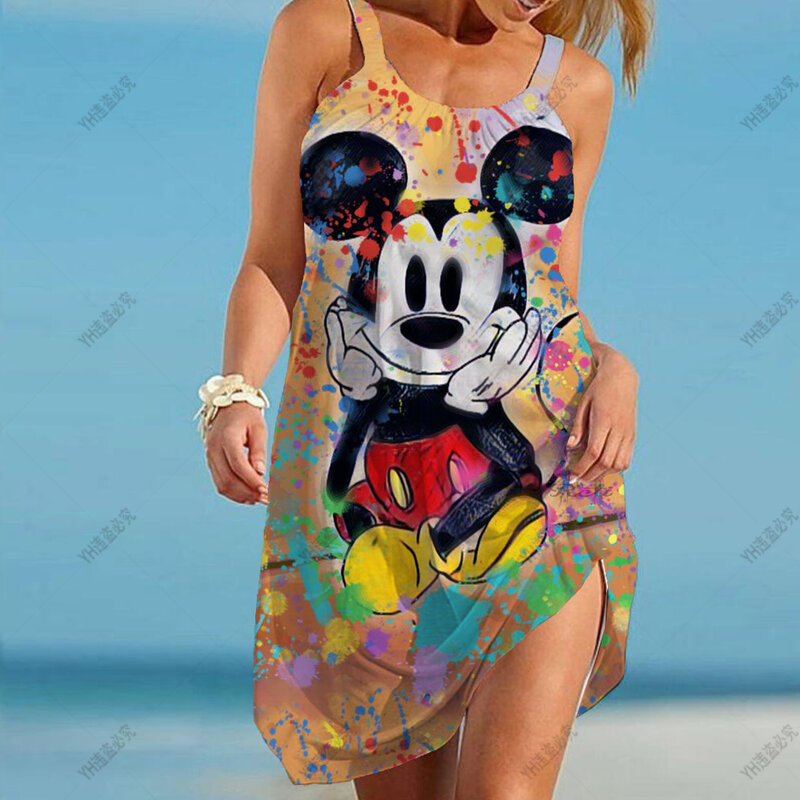 Women Casual Summer O-Neck Sleeveless Disney Mickey Mouse Print knitted Vest Tank Elegant Dresses Minnie cartoon print Dresses