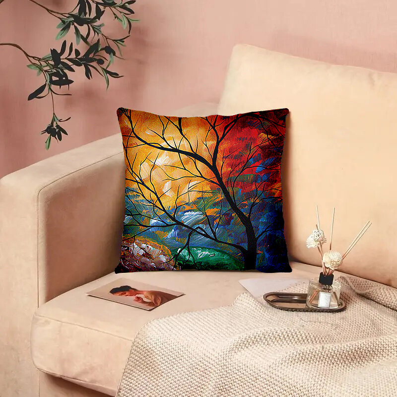 Funda de cojín cuadrada de poliéster suave con estampado de árboles, cubierta de almohada colorida con pintura al óleo, decoración del hogar para sala de estar