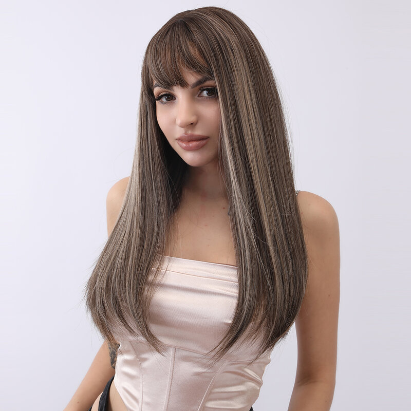 Syntetyczne długie prosty peruka z grzywką dla kobiet Ombre blond czarny szary na imprezę Cosplay Cosplay naturalne peruki termoodporne