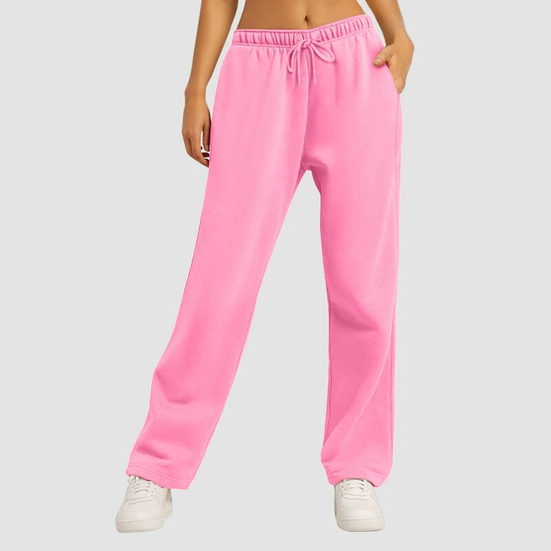 Celana olahraga wanita, celana olahraga kaki lurus lebar bawah celana jogging latihan celana Yoga pinggang tinggi dengan saku