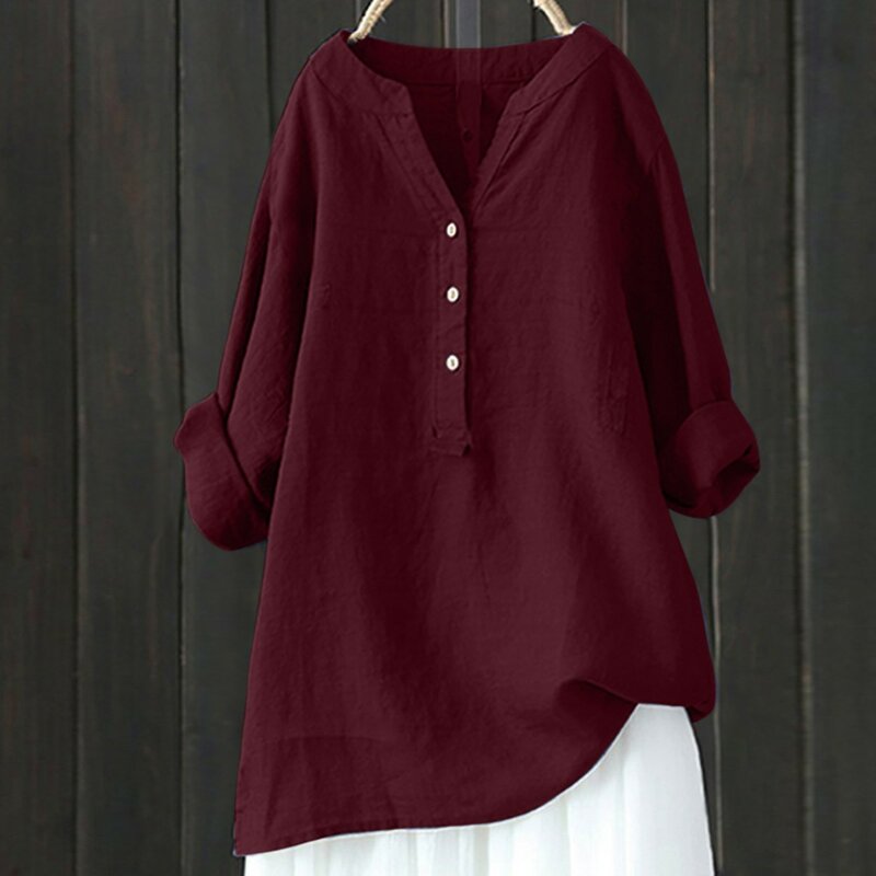 2024 Summer Long Sleeved Baggy Tunic Shirt Vintage Button Loose Long Sleeved Shirt Solid Color V Neck Casual Fashion Linen Shirt
