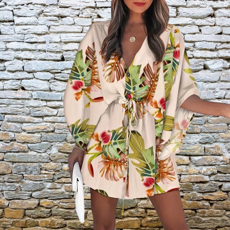Ladies Fashion Holiday Pants Beach Jumpsuit Sexy Casual V Neck All Over Print Short Batwing Sleeves Lace Up Vacation Rompers