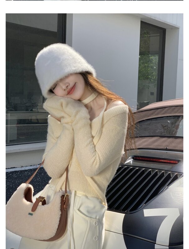 Sweater wanita Korea, pakaian Atasan Wanita Pullover keinginan murni, manset mikro berkobar satu bahu leher persegi