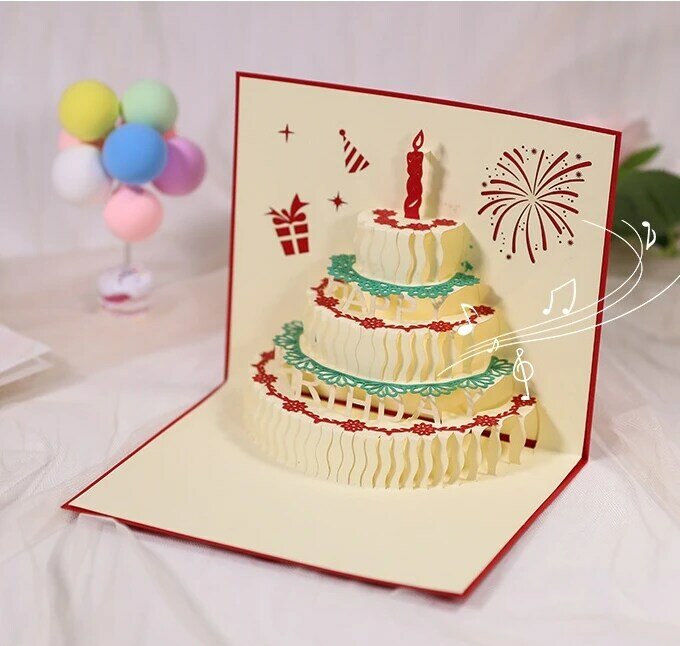 Kue ulang tahun mainan pemancar cahaya dengan lampu musik 3D kartu ucapan stereoskopik hadiah kreatif kartu pesan berkat liburan
