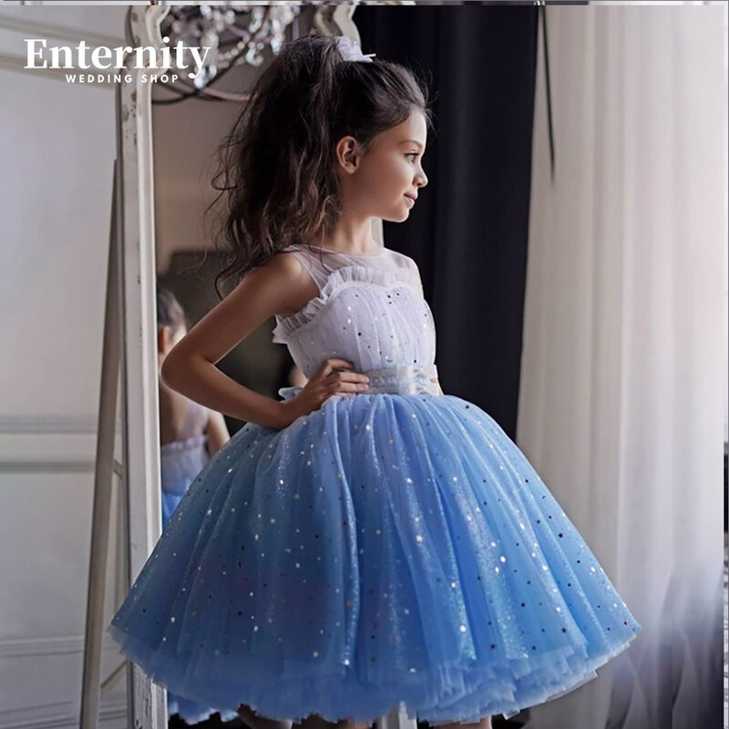 Princesse Enfant kokardka z cekinami z wycięciem kokardka dziewczęca sukienka w kwiaty balowa suknia bez rękawów do kolan piękne Vestidos Para Niñas