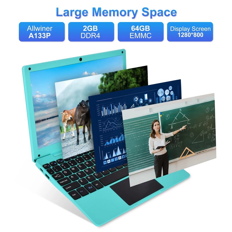 10,3 Zoll Laptop Android 12 Computer Quad Core angetrieben Netbook 2g RAM 64GB ROM Mini-Laptop-Computer für Kinder mit Tasche Maus blau