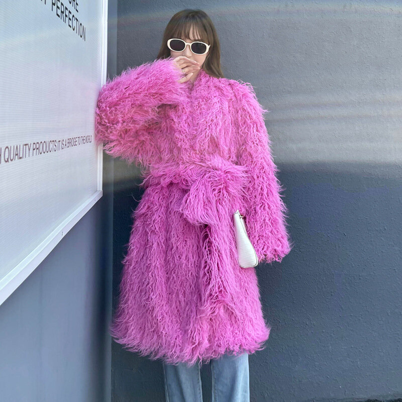 Abrigo de piel para mujer, Chaqueta larga peluda con solapa, Cinturón de piel sintética, ropa de Festival, novedad de invierno, 2022