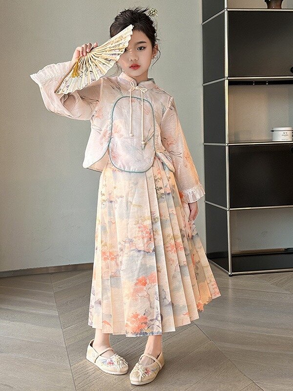 Setelan Princess anak-anak perempuan, Set rok wajah kuda gadis, Gaun dua potong gaya kuno Tiongkok musim semi, baru, 2024