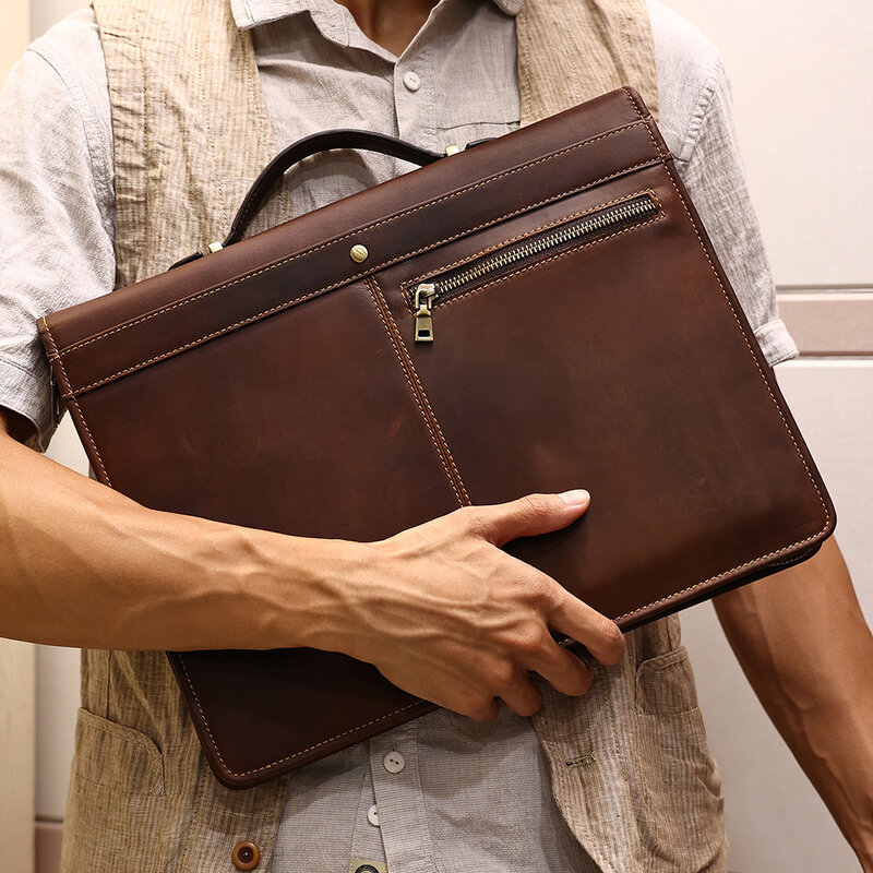 JOGUJOS Genuine Leather Men Portable Briefcase Portfolio 13.3" Laptop for AirTag Tracker for Multifunction Business Document Bag