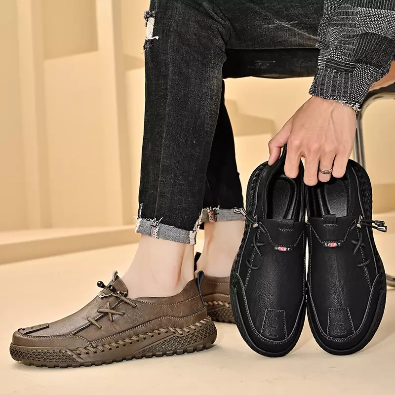 Sepatu kets kulit asli untuk pria, sepatu Sneakers datar antiselip bersirkulasi, sepatu loafer kulit asli ukuran 39-46 untuk pria