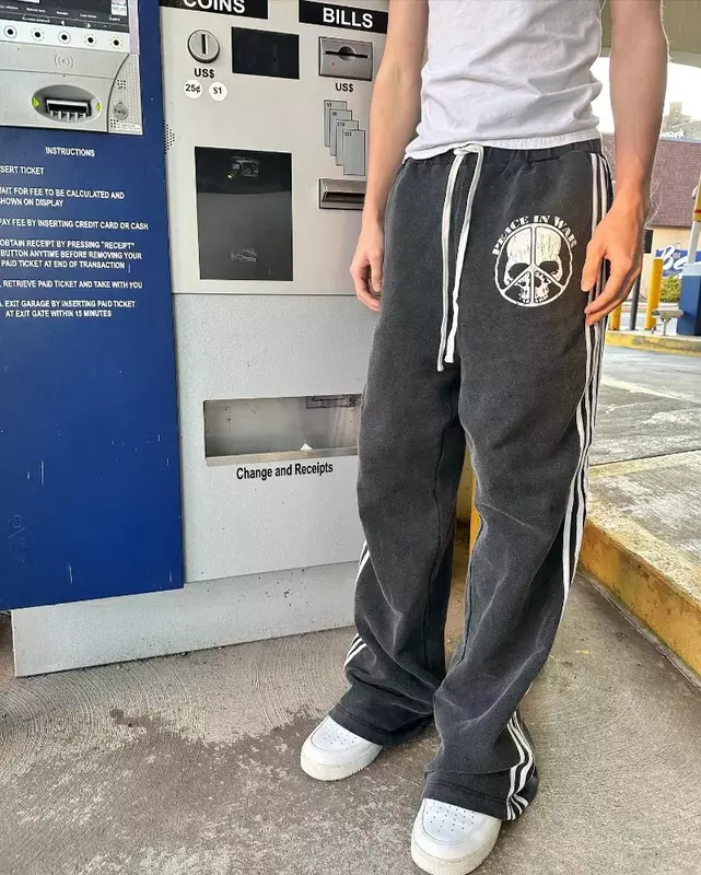 Calça de cintura alta com estampa gótica punk masculina, moletom solto, Harajuku, retrô, casual, caveira, osso, versátil, na moda, Y2K