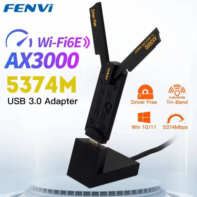 FENVI WiFi 6E AX3000 USB 3.0 WiFi Adapter 3000Mbps Tri-Band 2.4G/5G/6GHz Wireless Network Card WiFi6 Dongle Driver Free Win10/11