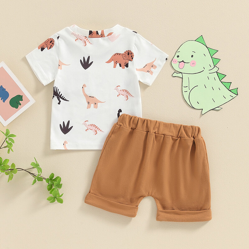 Ropa de verano para bebé, conjunto de 2 piezas, camiseta y pantalones cortos con estampado de dinosaurio, traje a juego para primavera