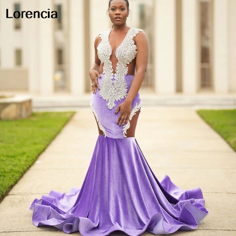 Lorencia Glitter Lavender Velvet Mermaid Prom Dress For Black Girls Silver Crystals Beaded Party Gala Gown Robe De Soiree YPD111
