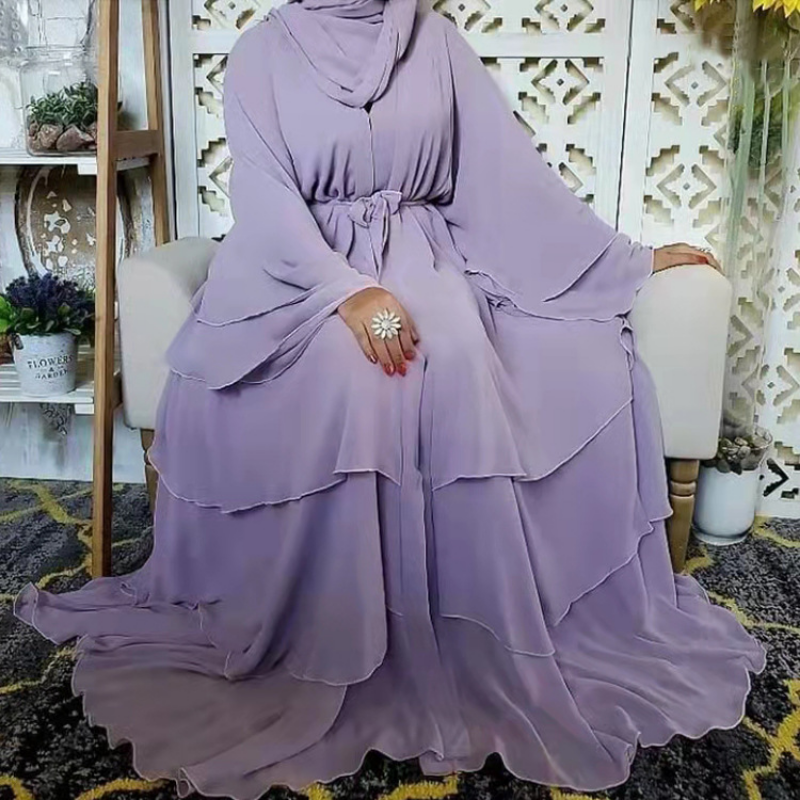 Fashion Stitching Three-layer Chiffon Elegant Cardigan Muslim Dress Solid Color Robe Hijab Tunique Femme Musulman