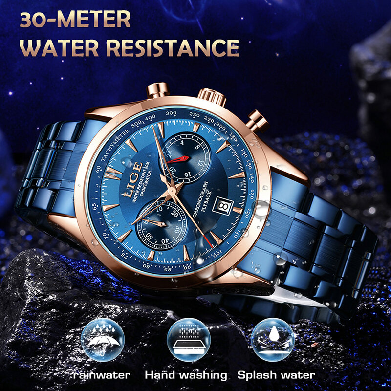 LIGE jam tangan bisnis pria, arloji Quartz Stainless Steel tahan air bercahaya tanggal besar + kotak