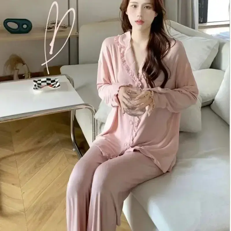 Dom nosi nocne guziki jednolity kolor, na jesień piżamy spodnie koreański zestaw w stylu damskim z pełnym rękawem garnitur Piiama falbany zestawy piżam 2